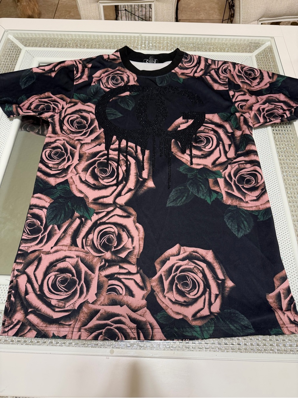 OCCN One Color One Nation Rose Graphic Rhinestone T-Shirt Black Pink Size L